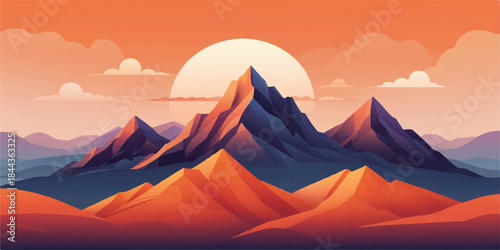 Sunset mountain background with dramatic lighting, layered terrain, and expressive color tones.
