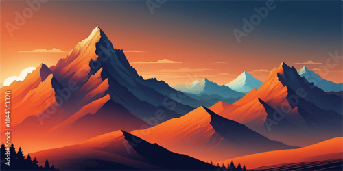 Abstract mountain scenery at sunset featuring vibrant orange tones, glowing horizon, and detailed layered terrain.