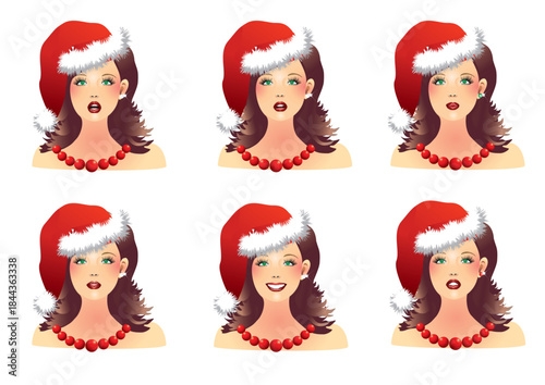 A set of emotional faces of girls wearing Christmas hats