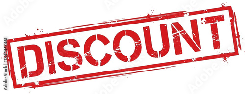 Bold red DISCOUNT stamp with grunge texture in uppercase letters, distressed style on transparent background, representing a strong promotion or sale concept