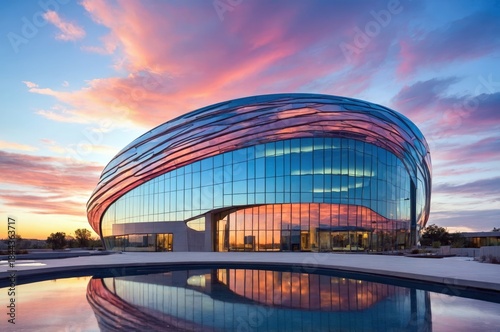 Sunset view of modern building with reflective glass windows and water feature in the foreground at evening