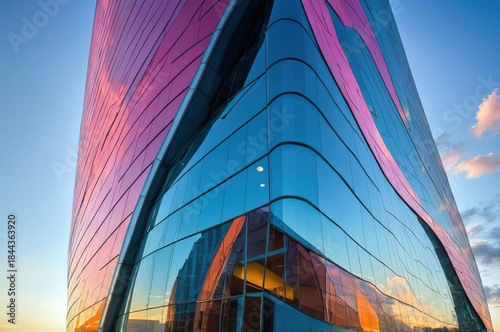 Modern building reflecting sunset colors in an urban setting during evening hours