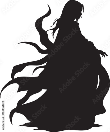 Silhouette of a mysterious woman with flowing hair and a dramatic cloak