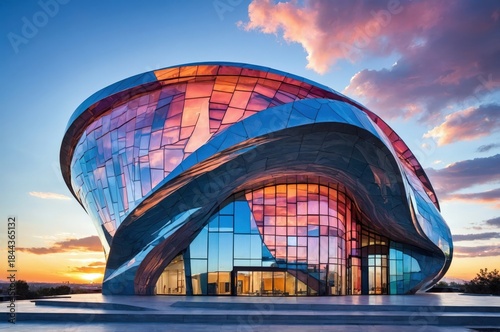 Modern building with colorful glass design at sunset in an urban area