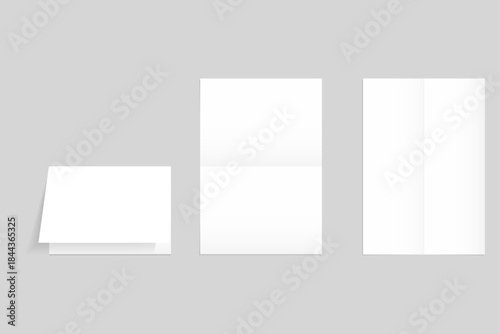 A set of folded sheets of paper isolated on a gray background. Clean white pages with fold lines, an empty background for an old document, letter or leaflet, and a worn poster layout. Vector