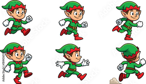 Cute Christmas elf running animation set cartoon character sequence festive holiday mascot illustration isolated on white background colorful vector