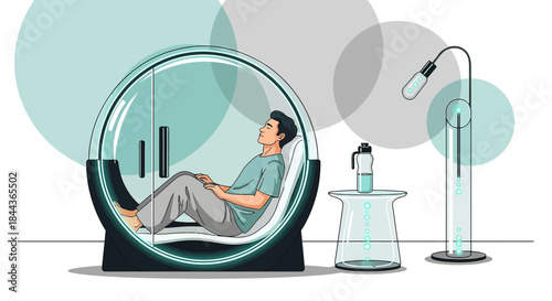 Relaxing in a futuristic rejuvenation pod for wellness and recovery purposes shown here