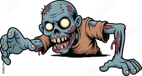 Crawling zombie illustration, undead horror monster reaching forward, scary cartoon character for halloween design, isolated vector on white background art