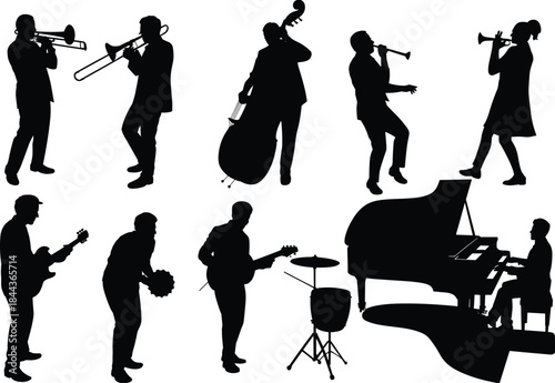 Jazz band musician silhouettes set playing instruments live music performance artists isolated on white background concert orchestra vector illustration