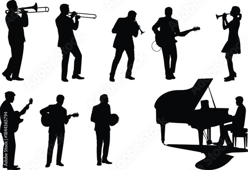 Music band musician silhouettes set playing instruments live performance concert artists isolated on white background jazz orchestra vector illustration