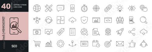 SEO icon set. Editable line icons. Vector illustration.