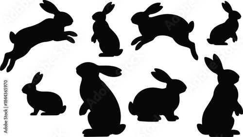 Rabbit silhouette set showing jumping, sitting, and running poses, black bunny shapes, animal collection, wildlife design elements, isolated white background