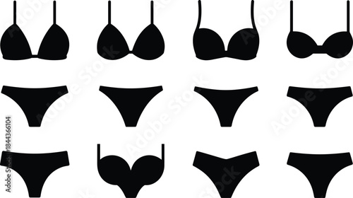 Women lingerie silhouette icons set with bra and panties variations, black underwear collection, feminine fashion symbols, minimal design, isolated background