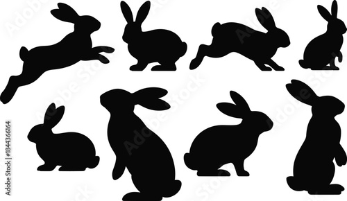 Rabbit silhouette collection featuring jumping, running, and sitting bunny poses, black animal shapes, wildlife design elements, isolated white background