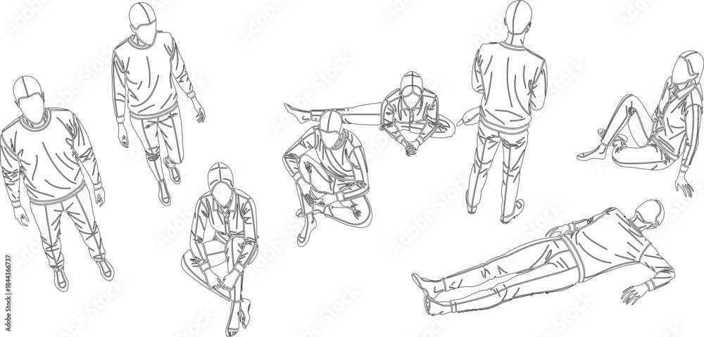 Fototapeta premium Top-Down View of Diverse Human Figures in Various Poses Sketches, Lifestyle Illustration, Minimalist Line Art