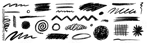 Assortment of Hand Drawn Black Ink Scribbles and Textures Keywords: scribble, brush stroke, line, texture, doodle, ink, hand drawn, abstract, mark, sketch, grunge, messy, artistic, graphic