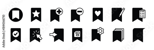 Assortment of Bookmark and Tag Icons Keywords: bookmark, tag, ribbon, label, star, plus, minus, heart, pencil, checklist, checkmark, click, arrow, document, gear, pages, save, add, remove