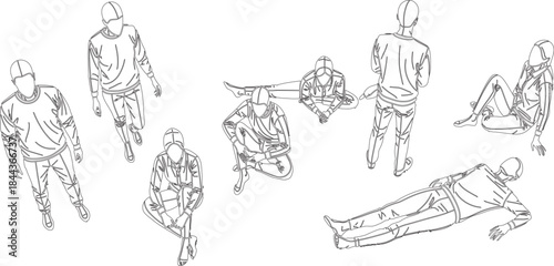 Top-Down View of Diverse Human Figures in Various Poses Sketches, Lifestyle Illustration, Minimalist Line Art