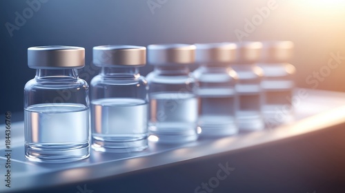 Row of sterile saline solution bottles on a shelf in a medical laboratory setting with soft lighting