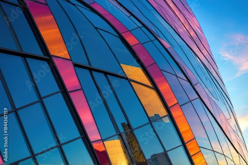 Colorful reflections on a building facade during sunset in an urban area creating an interesting visual effect on glass