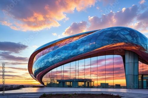 Modern building design under colorful sky at sunset with glass exterior and clouds in the background