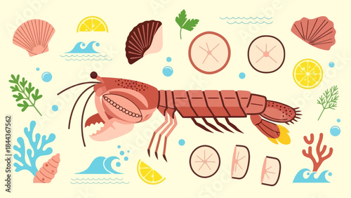 Vibrant and Playful Illustration of Seafood and Ocean Elements for Culinary