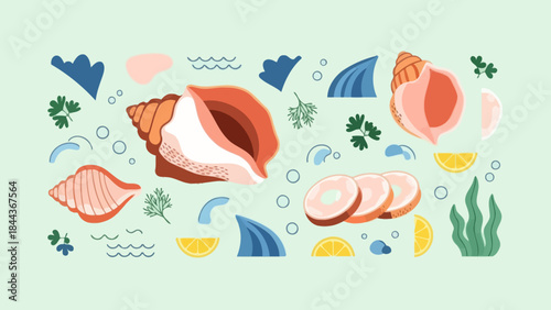 Whimsical Illustration of Various Seashells and Ocean Elements Arrayed Playfully