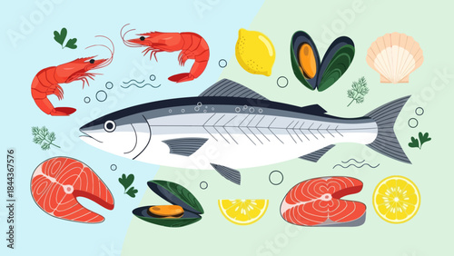 Colorful Seafood and Lemon Slices Illustration Showcasing Marine Cuisine