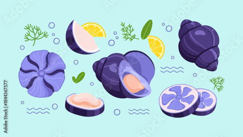 Vibrant Illustration of Fresh Purple Oysters with Lemon and Herbs in a Summery