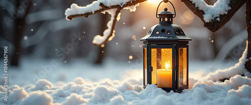 A single lit candle inside a rustic lantern hanging on a tree branch in the dark  