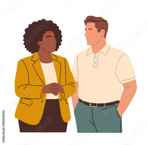 Two curvy people, black woman and caucasian man talking, featuring modern flat style figures. Clean minimalist vector illustration isolated on transparent background.