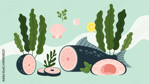 Illustration of Fresh Fish with Lemon and Green Leaves for Healthy Eating