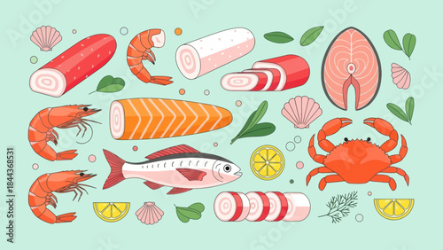 Assorted Fresh Seafood and Sushi Ingredients with Vegetables and Garnishes