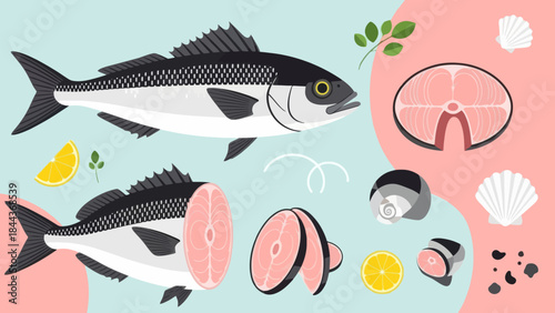 Illustration of fresh fish and seafood ingredients with lemon and shells