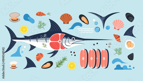 Illustration of a Marlin and Seafood Elements with Ocean Freshness