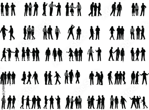 Large set of people active silhouette collection, man woman dancing stretching flexing dynamic figures, fitness sport energy vector illustration graphic element isolated.