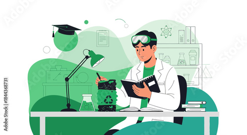 Scientist working on environmental solution with lab equipment and graduation cap in studio