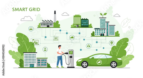 Smart city illustration with electric car charging station and renewable energy grid network