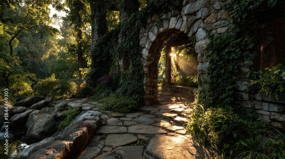 Obraz premium Golden sunlight streams through a stone archway covered in green ivy plants. A winding stone path leads into a dreamy garden. Bright light illuminates