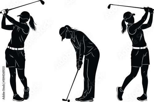 Black Silhouette Set of Three Female Golfers, Showing Tee Shot Swing, Putting Stance, and Follow-Through Action on a Golf Course.