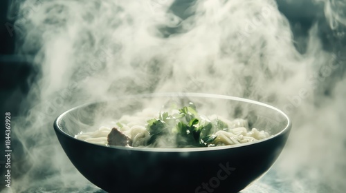 Fototapeta Naklejka Na Ścianę i Meble -  Steaming bowl of Vietnamese pho with fresh herbs and noodles