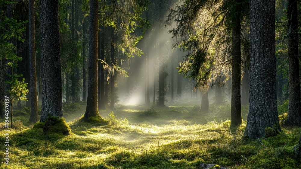Fototapeta premium Sunbeams piercing through dense fog blanketing a serene forest floor with dappled light on the mossy ground