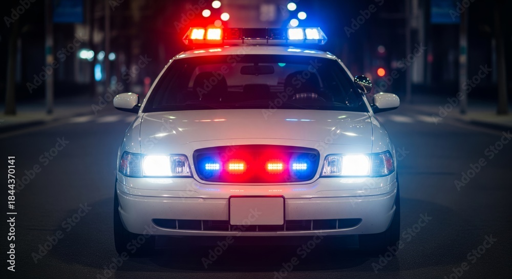 Fototapeta premium Police Car with Flashing Red and Blue Lights at Night