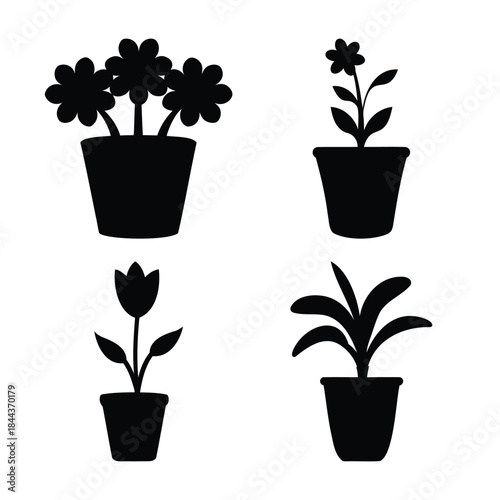Potted plant silhouettes icon set for nature and home decor