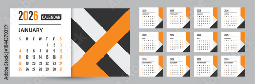 Modern trendy design for desktop design calendar planner. Week starts on Sunday. Place for notes.