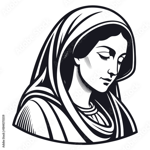 Virgin Mary Portrait Illustration – Holy Mother of Jesus Black and White Line Art