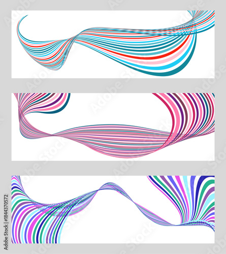 Wavy lines or ribbons. Set of 3 backgrounds. Multicolored striped gradient. Creative unusual background with abstract gradient wave lines to create a trendy banner