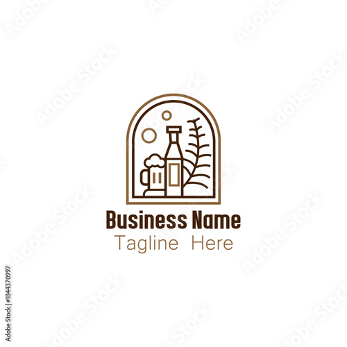 Brewery Logo with Beer Bottle, Mug, and Botanical Elements