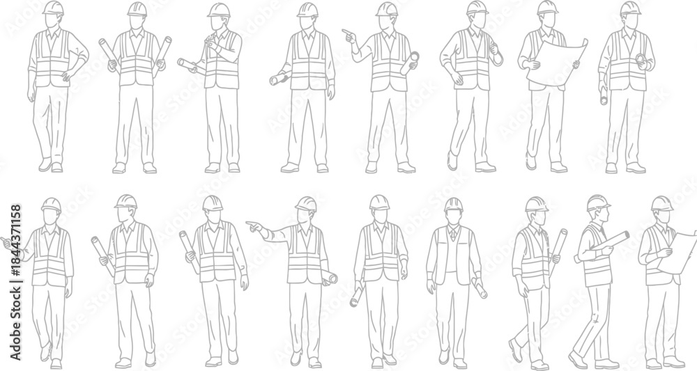 Fototapeta premium Set of Line Art Workers in Safety Gear Holding Tools and Devices, Industrial Workplace Illustration, Front View
