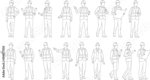 Set of Line Art Workers in Safety Gear Holding Tools and Devices, Industrial Workplace Illustration, Front View